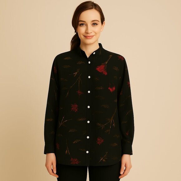 Tanjay black slinky floral tunic Button front Long sleeve shirt Sz 1X - Picture 1 of 7